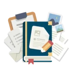 books with papers with images and pen